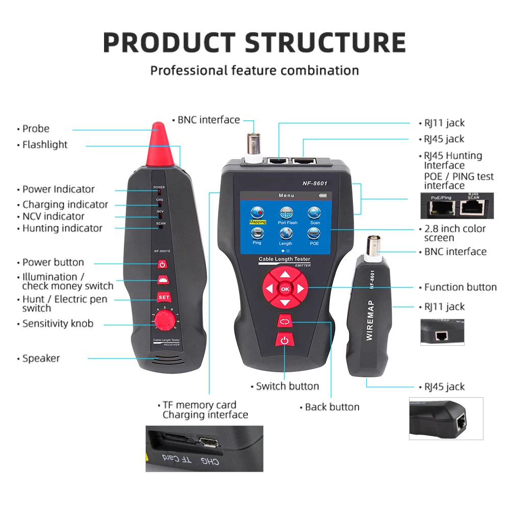 Multifunction Network Cable Tester RJ45 RJ11 BNC POE PING Crosstalk Test Network Wire Cable Tracker